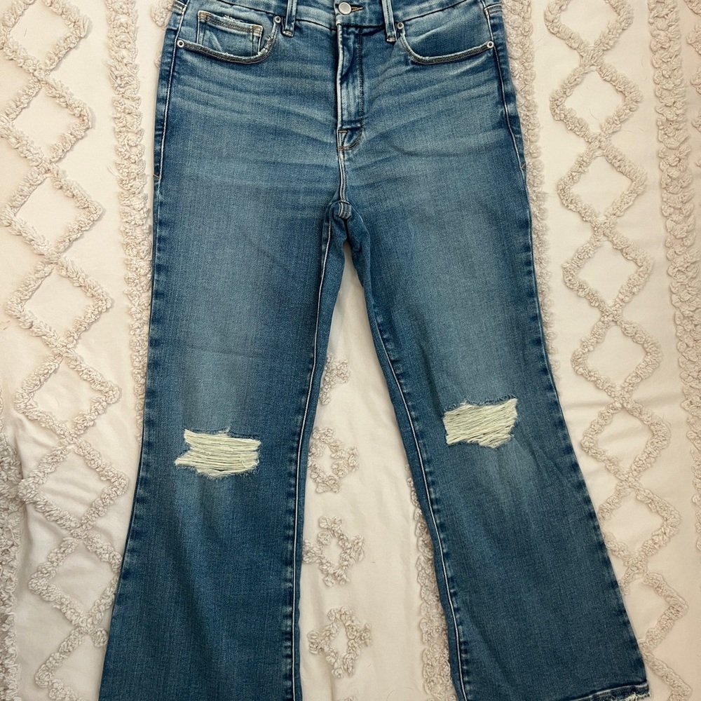 Good American Light Blue Distressed Flare Jeans
